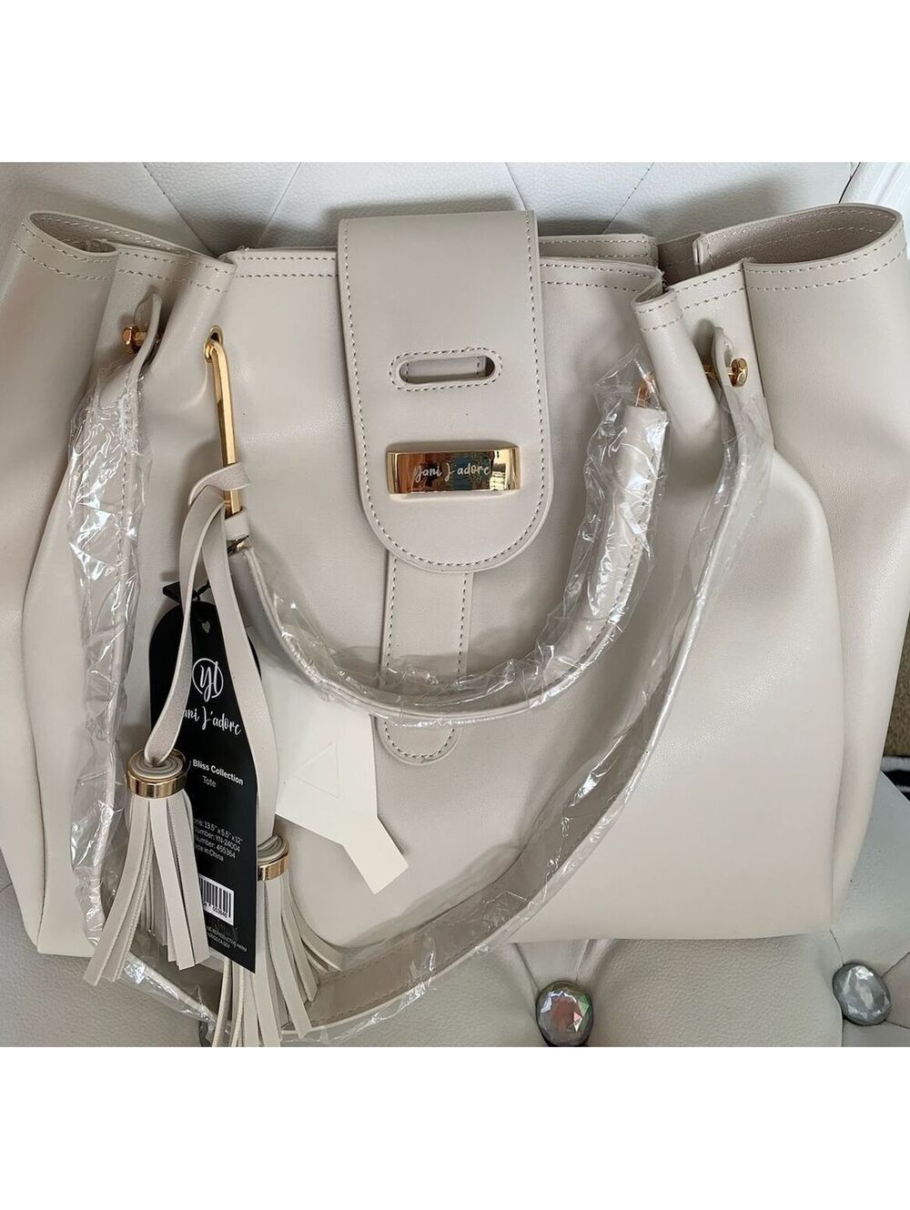 Joni Adore Beige Tote Bag with Tassel Detail